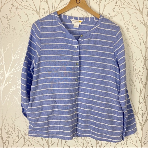 C&C CALIFORNIA 100% Linen Blue Stripe Button-Front Blouse Small Boxy Coastal - Picture 10 of 11